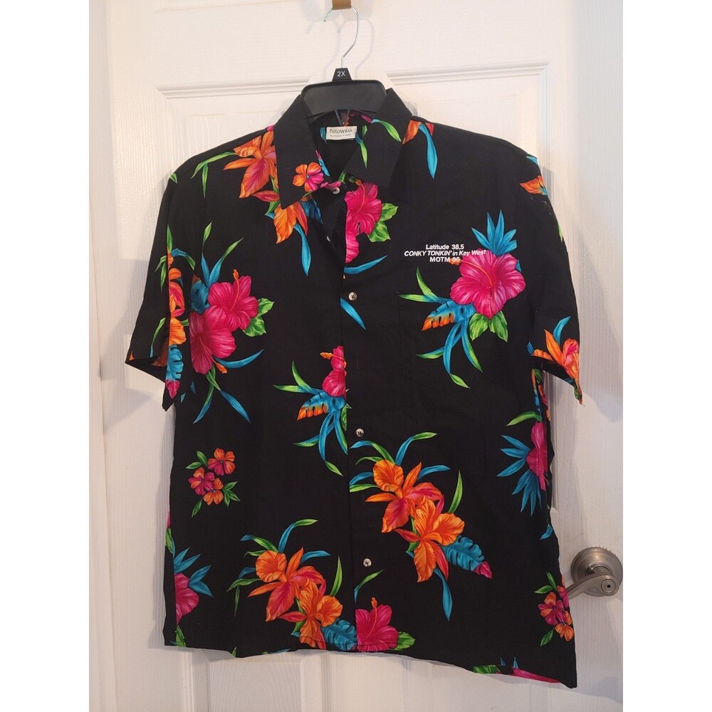 Vintage 70's Hawaiian Shirt  Hibiscus Black Pink Orange Men's L W/pocket